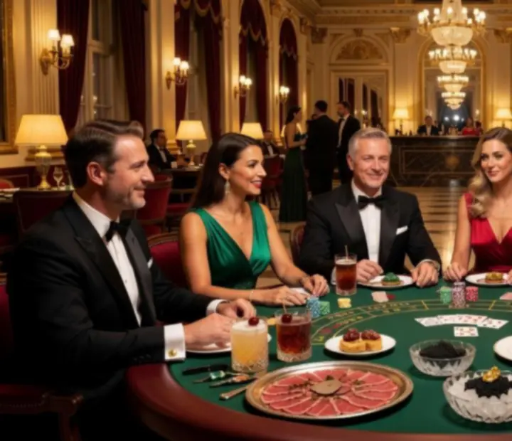 Vendégek kaszinóasztaloknál, gourmet fogások és koktélok egy modern budapesti étteremben