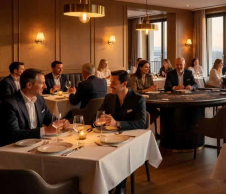 Luxus éttermi enteriőr kaszinóasztalokkal és elegáns vendégekkel