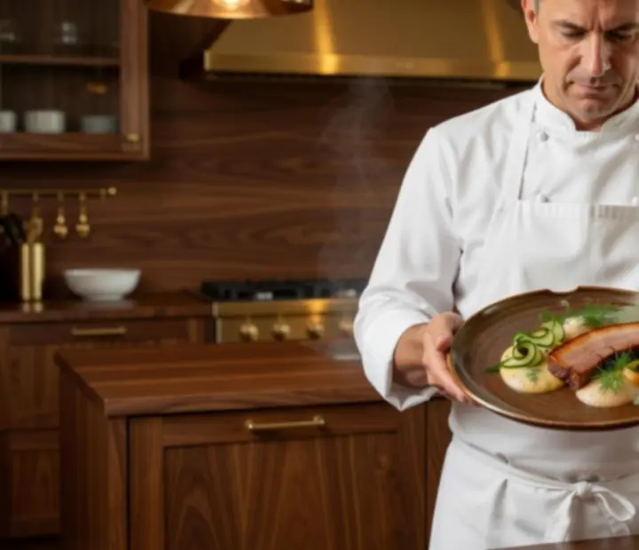 Séf által tálalt szezonális fine dining fogás elegáns enteriőrben
