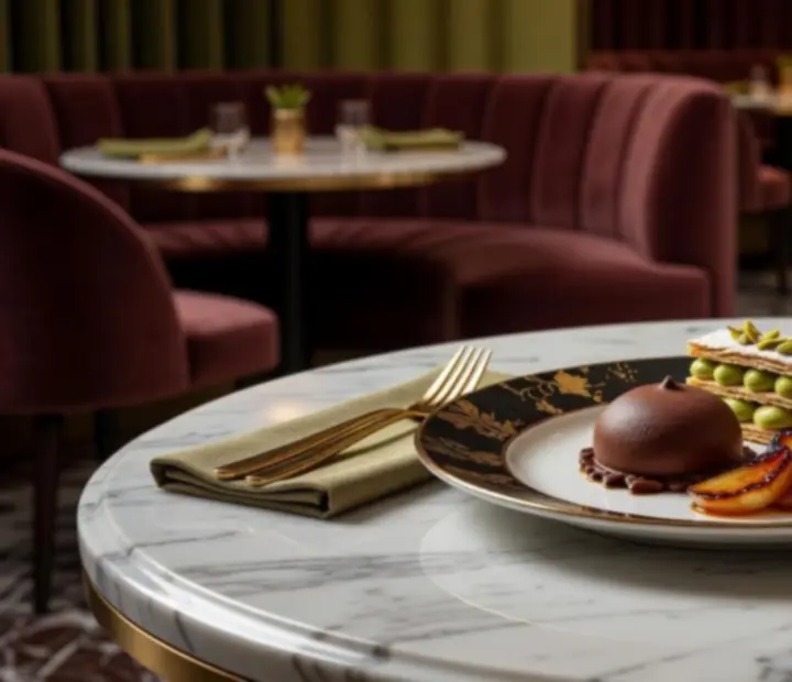 Luxus desszertkompozíció kaszinó ihlette fine dining tálalással