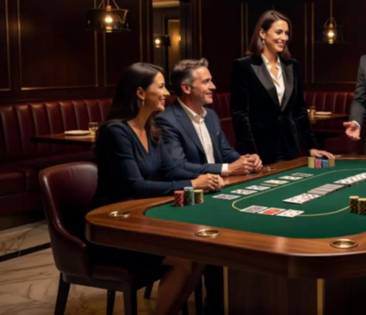 Elegáns póker, rulett és blackjack asztalok vendégekkel, kifinomult társasjáték hangulatban.