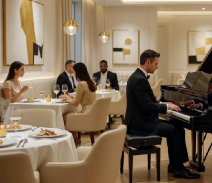 Grand zongora modern, fényűző éttermi enteriőrben, meleg fényekkel és elegáns berendezéssel