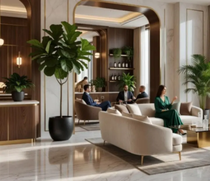 Fuszerkert Lounge modern, elegáns belső tere világos márvánnyal és dizájner bútorokkal