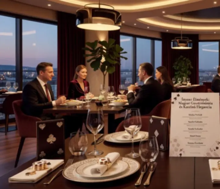 Cinematikus éttermi jelenet elegáns kaszinóhangulattal és fine dining menüvel
