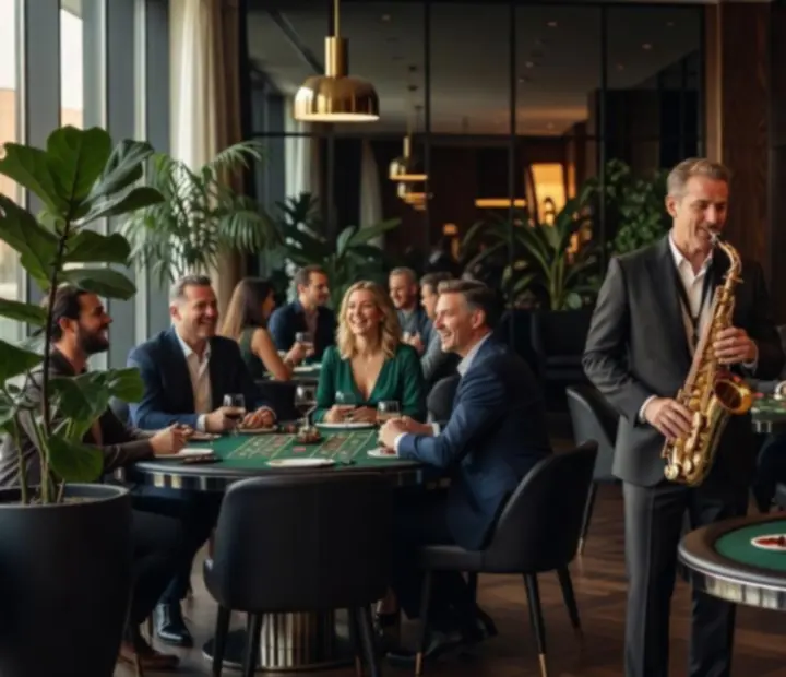 Szaxofonos zenész élőben játszik egy elegáns, kaszinó-hangulatú étteremben