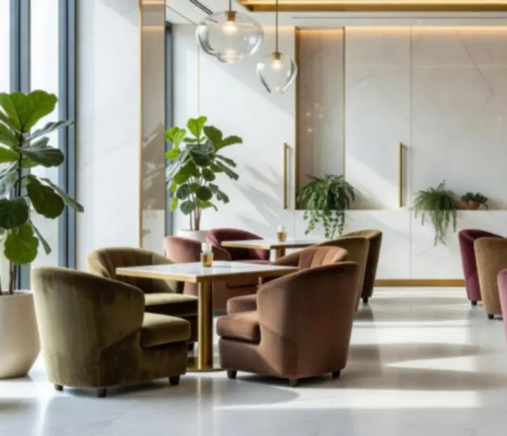 Elegáns éttermi enteriőr fehér márvánnyal, sárgaréz részletekkel és designer bútorokkal.