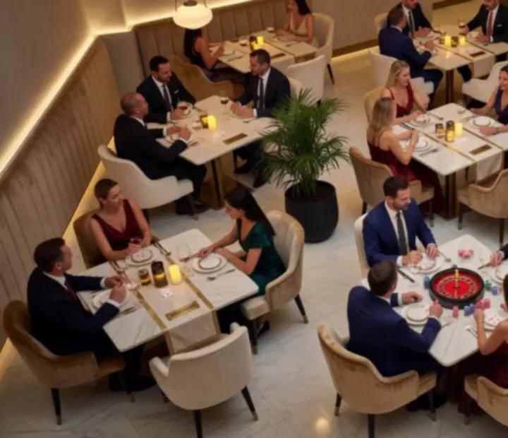 Éttermi asztalok és lounge zónák esti elrendezése